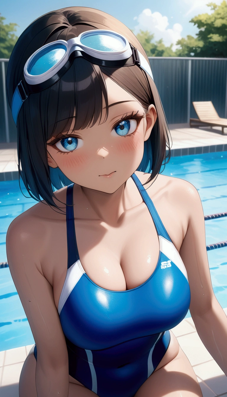 12 year old girl、Swimsuit，Short-haired female athlete wearing a swimming cap and goggles，Sit and relax by the pool