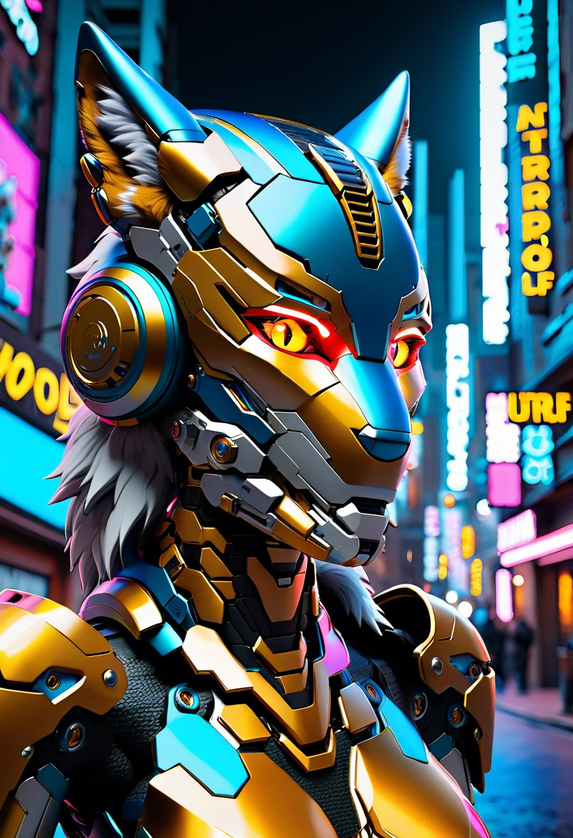 a portrait of a mechanical creature (( mechanical female, anthro wolf: 1.5), ((full body: 1.5)), ((anatomically correct: 1.5)), (ultra detailed face: 1.2), looking feral, looking dangerouse,  yellow eyes. dynamic fur color, glowing eyes, wearing mech armor, delicate armor, wearing high heeled boots, cyberpunk street background, vibrant, Ultra-high resolution, High Contrast, (masterpiece:1.5), highest quality, Best aesthetics), best details, best quality, highres, 16k, (ultra detailed: 1.5), masterpiece, best quality, (extremely detailed) RAW, (ultra details, Masterpiece, best quality),MechanicusStyleAI, Hyperrealism style, anime