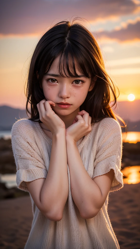 A cute little crying girl in the sunset view ((best quality)), ((masterpiece)), ((detailed)), ((hd)), ((8k resolution))