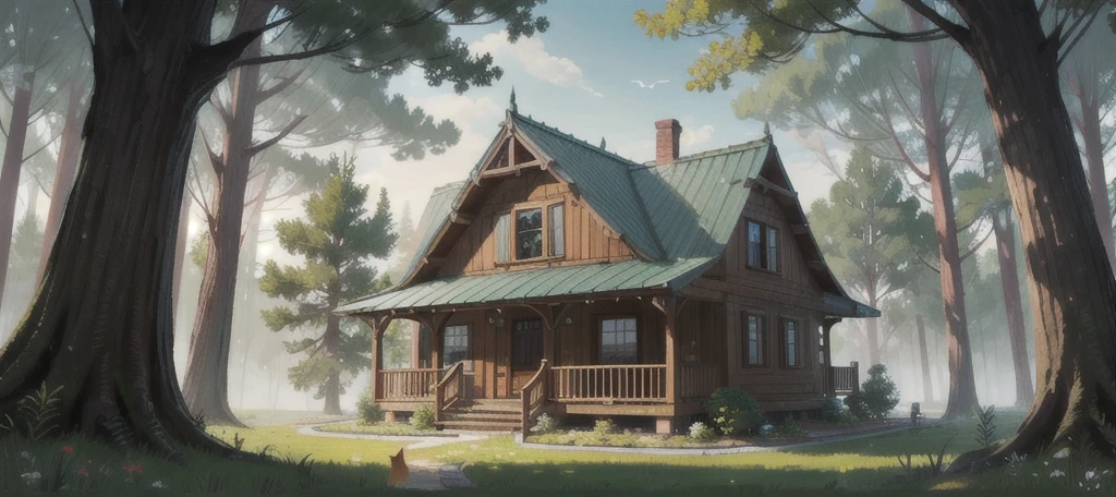 masterpiece,best quality,forest,outdoors,illustration,house,fox,