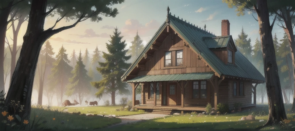 masterpiece,best quality,forest,outdoors,illustration,house,fox,