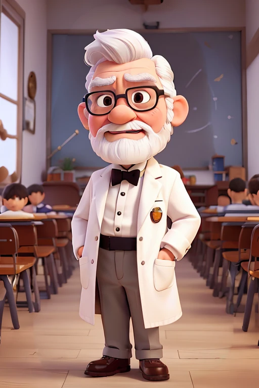 little man , profile position, shorty, grumpy, chatterbox, 70 years old, He has a white beard, white mustache, White hair, teacher, wearing white coat and bow tie, wear glasses, Hands on waist, very angry