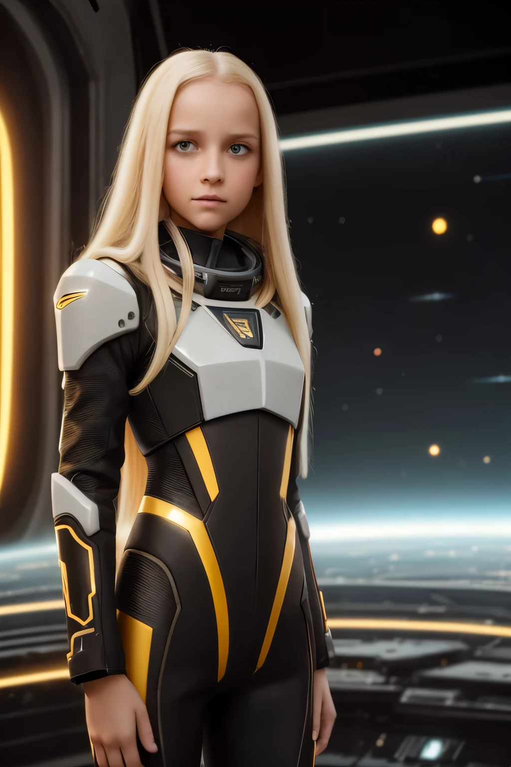 (young girl, 12 years old, blond hair, photorealistic, pale skin), (yellow (eyes:1.2)), (slim build:1.3), (fantasy space suit), beautiful face, symmetrical face, Greg Rutkowski, wlop and Sam Kuvshinov, (long hair), blond eyelashes, large iris, large pupil, full body, standing on the background of the cosmodrome, artstation, 8k, science fiction, pastel colors, props, panel, concept, futuristic, gribble, simon stalenhag, space, in outer space, a spaceship in the sky, technological blocks