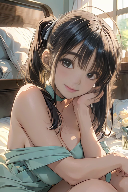 masterpiece, Highest quality, Official Art,Open the legs fully、, ((Fully naked body))、 (Highly detailed CG Unity 8k wallpaper), Detailed Background, (The Hands of Guido Daniele: 1.1), The legs are off the frame, First Person View, 1, Attractive and perfect beautiful woman, Lying face down on the bed,((Sleeping))、Turn back, (Curvaceous), (((sleepy: 1.14))), (Stick your butt out,Her butt is facing me、 White thighs: 1.12), ( Black long hair: 1.12), (Ahoge: 1.13), (High Ponytail: 1.12), (Green Eyes: 1.13), Behold the Beholder, big, Beautiful Face, (blush: 1.11), (smile: 1.5)