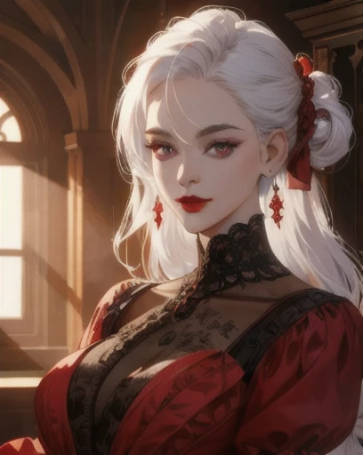 
a mischievous victorian era woman, 30 years old, mischievous, sexy red ballgown, elegant earrings, red lips, long straight white hair, sexy updo, striking purple eyes, side-swept bangs, long black gloves, detailed realistic portrait, photorealistic, hyperrealistic, 8k, detailed clothing, beautiful detailed eyes, beautiful detailed lips, extremely detailed face, intricate ornate details, cinematic lighting, dramatic shadows, warm color tones, natural lighting, highly detailed, masterpiece, artstation, sharp focus, hyper detailed
