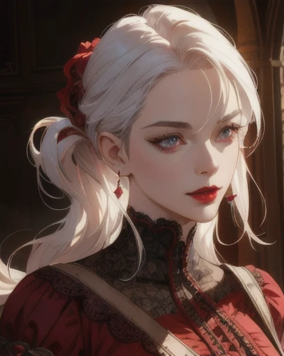 a mischievous victorian era woman, 30 years old, mischievous, sexy red ballgown, elegant earrings, red lips, long straight white hair, sexy updo, striking purple eyes, side-swept bangs, long black gloves, detailed realistic portrait, photorealistic, hyperrealistic, 8k, detailed clothing, beautiful detailed eyes, beautiful detailed lips, extremely detailed face, intricate ornate details, cinematic lighting, dramatic shadows, warm color tones, natural lighting, highly detailed, masterpiece, artstation, sharp focus, hyper detailed