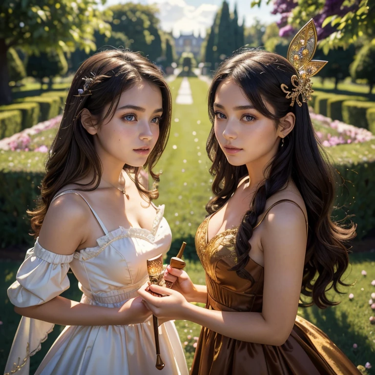 (​masterpiece, best quality:1.5), highest quality, High resolution, super detailed, Realists, Upper body photo of a brunette 14 year old magical girl, detailed and beautiful eyes, beautiful detailed lips, very detailed eyes and face, longeyelashes, shiny satin dress, Holding a wand in your hand and performing a transformation spell, Salad turns into chocolate, Magic wands present and shiny, Beautiful and colorful makeup, elegant and noble々The jewelry bag, Gardens as background, soft daylight, bright colors, fine brushstrokes, Portrait style, Silk dress fabric, beautiful color palette, glowing skin, First-class rendering, that captures every detail, enchanting atmosphere, subtle shadows and lights, (perfect anatomy:1.2), (The two stunning 14 and 12 year old magic girls transform salads into chocolate (a transformation with the magic wand:1.4), (magnificent panorama view:1.2)