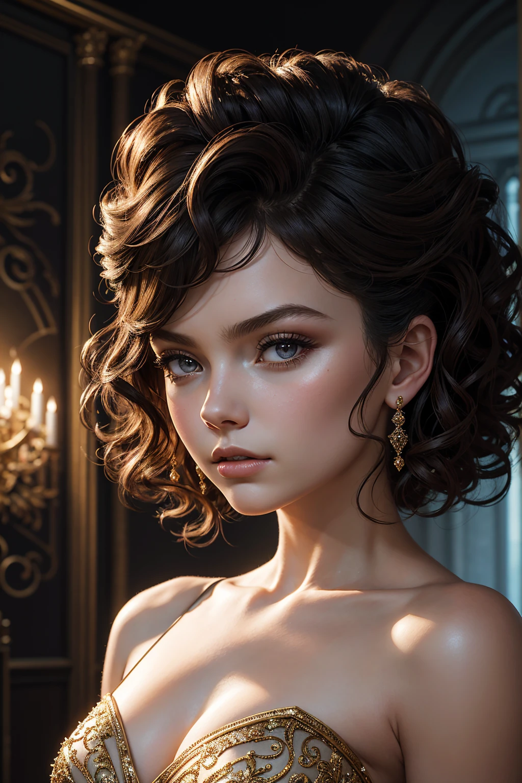 portrait Camren Bicondova, wearing ball gown costume, against the background of the ballroom, character portrait, 5 9 9 0 s, curly hair, intricate, elegant, highly detailed, digital painting, artstation, concept art, smooth, sharp focus, illustration, art by wlop, charlie bowater and alexandra fomina, 36k, glittering, shining, correct anatomy