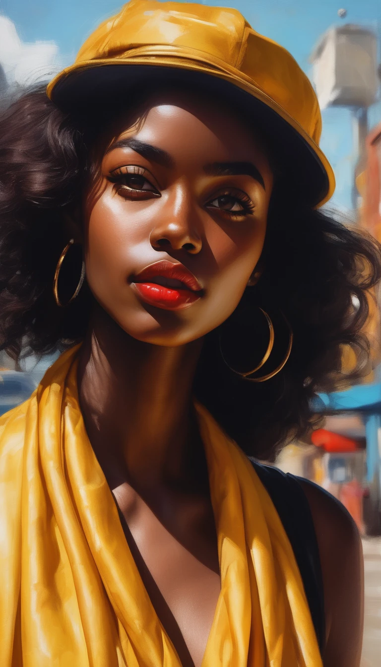  a passionate woman wearing a yellow top and a yellow scarf, a photorealistic painting by Pamela Ascherson, trending on cg society, afrofuturism, dark-skinned, brown skinned, maria borges, dark skinned, black young woman, dark skin, beautiful yellow woman, with brown skin, young black woman, beautiful artwork, photo of a black woman, passionate girl, casual fashion, sharp focus, Hyperrealistic anime, vibrant colors, hourglass figure, fit belly, cute face with makeup, wide gorgeous realistic eyes with iris, juicy lips with red lipstick, anatomical posture, hand and foot reference anatomy 