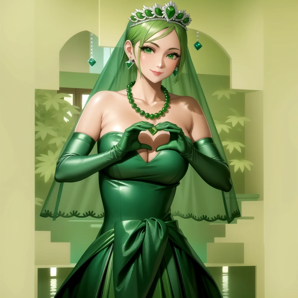 Emerald tiara, Green Pearl Necklace, ボーイッシュな非常に短いGreen Hair, Green Lips, Smiling Japanese woman, Very short hair, Busty beautiful lady, Green Eyes, Green satin long gloves, Green Eyes, Emerald Earrings, Green veil, Heart with both hands, Green Hair, Beautiful Japanese Women, Heart shaped hands:1.3, green lip gloss