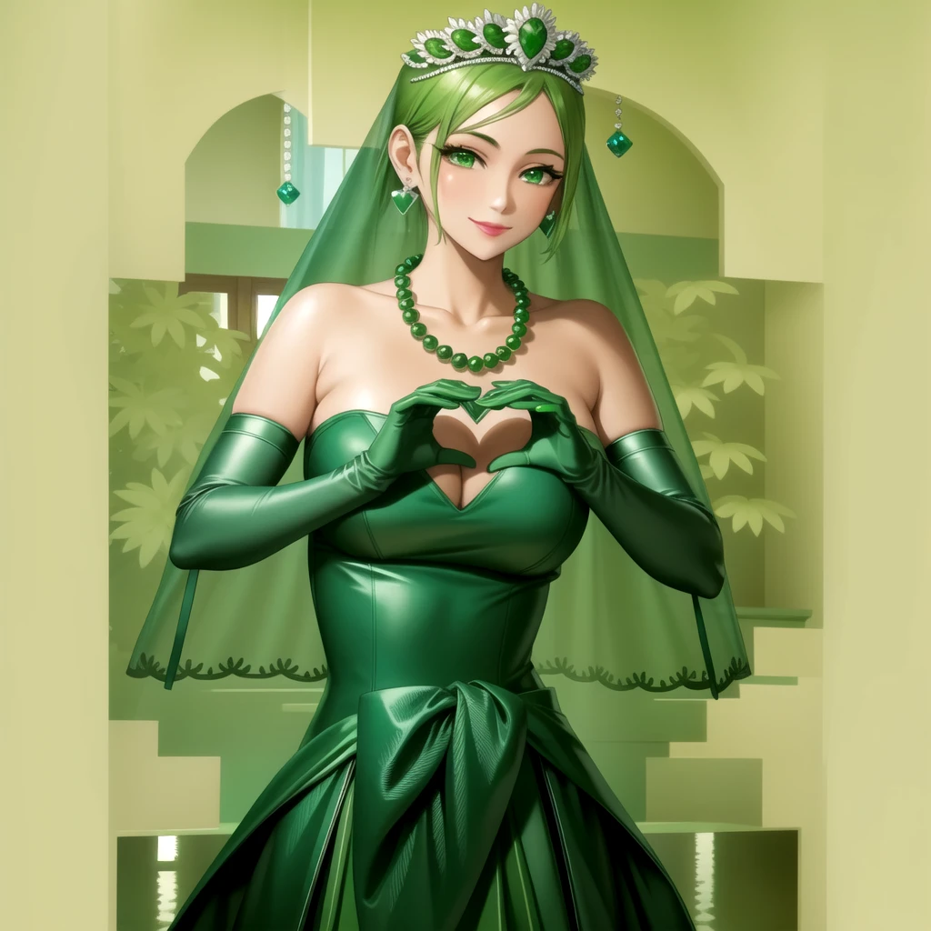 Emerald tiara, Green Pearl Necklace, ボーイッシュな非常に短いGreen Hair, Green Lips, Smiling Japanese woman, Very short hair, Busty beautiful lady, Green Eyes, Green satin long gloves, Green Eyes, Emerald Earrings, Green veil, Heart with both hands, Green Hair, Beautiful Japanese Women, Heart shaped hands:1.3, green lip gloss