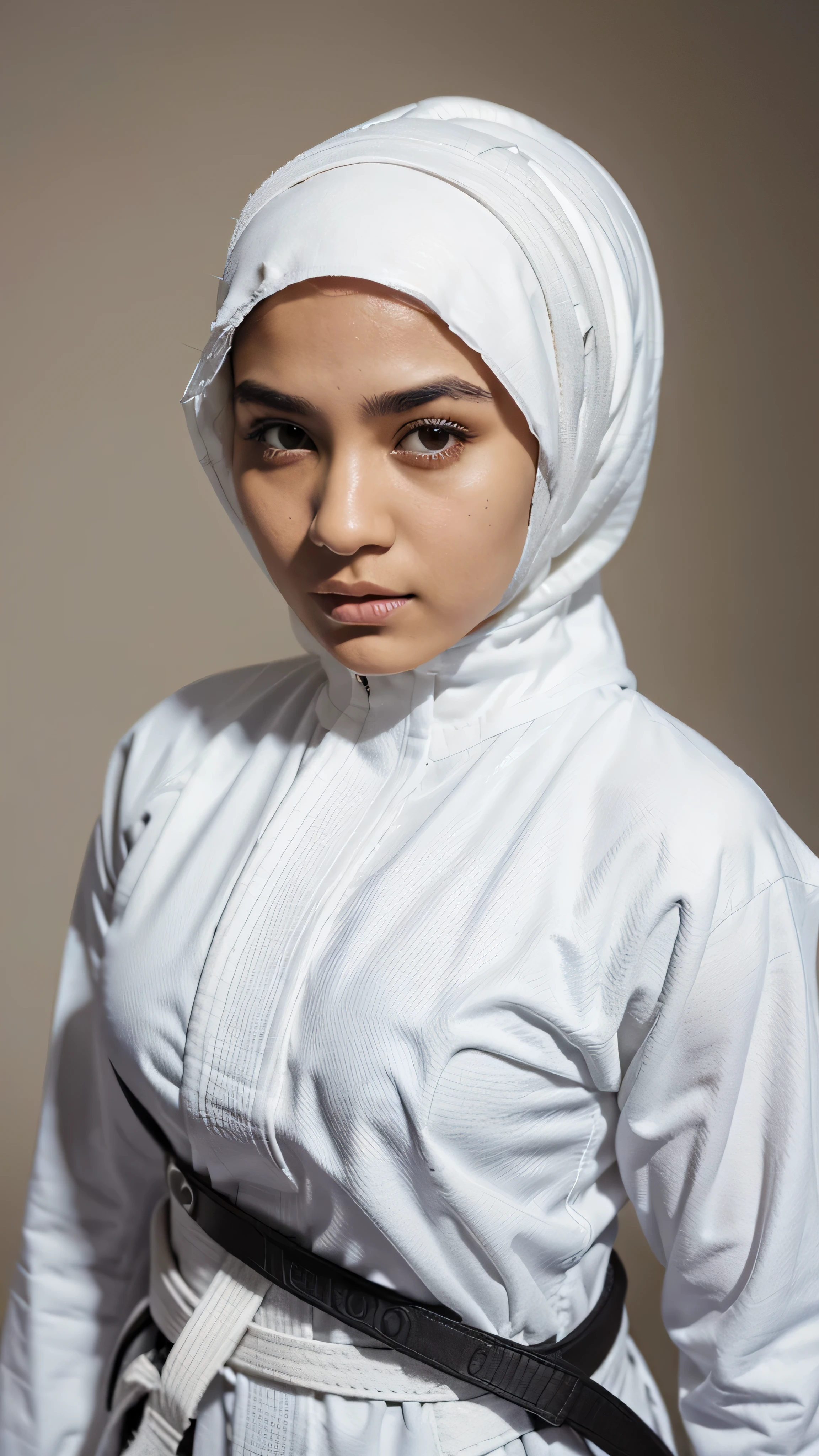 A brown black eyed girl wearing bjj gi, with a white hijab on her head and doing a takedown, havong white belt on. Her hijab covers her full hair and neck, her body is fully covered with gi. Medium big nose undone brows. Medium height. Professional 