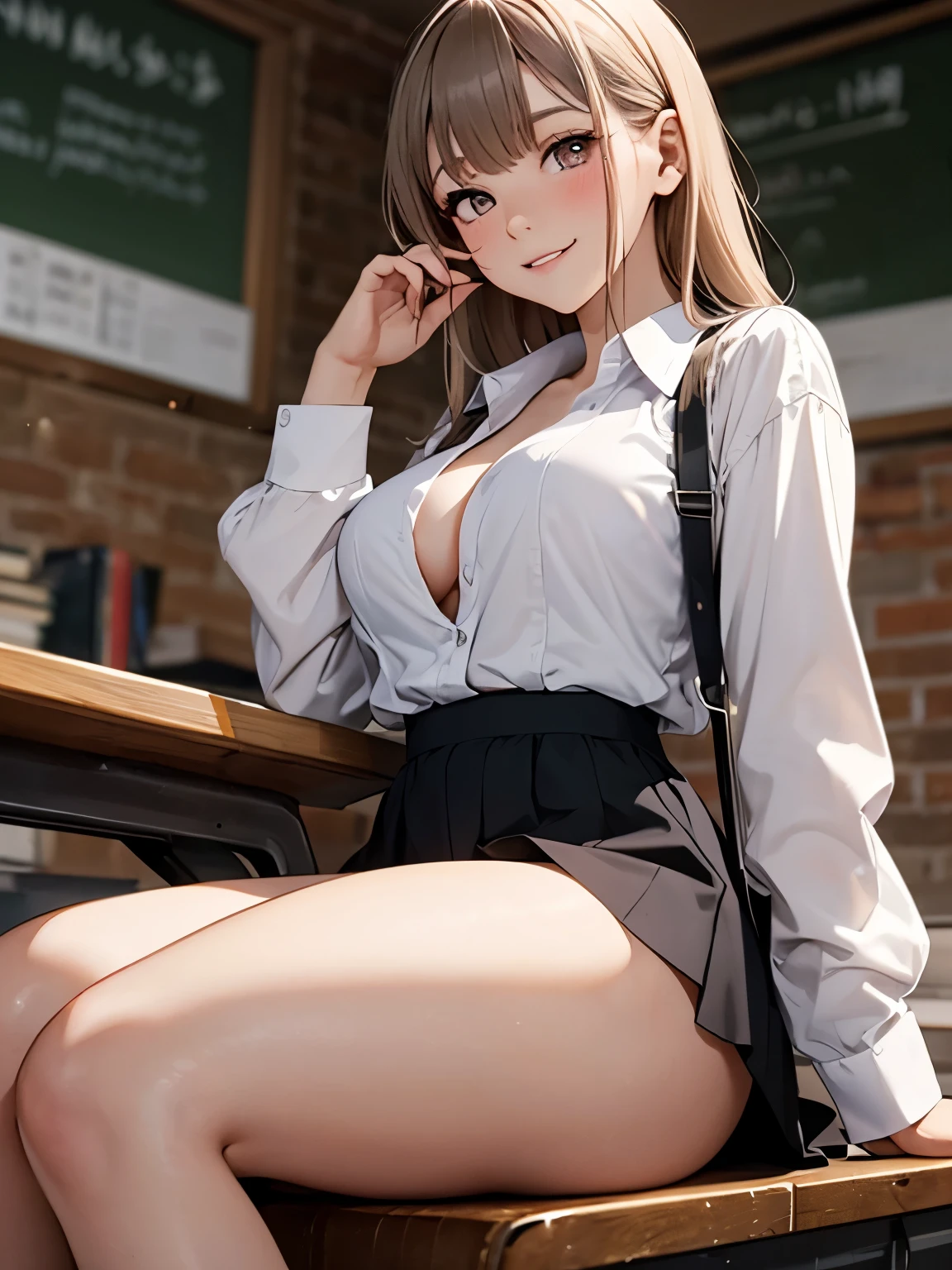 (masterpiece, Highest quality),one girl, natural lighting, glamorous body, beautiful big tits, plum thighs ,beautiful skin, Open-buttoned shirts, ruffled skirts, in school classrooms, (greedy eyes, Perfect Face, clear gray Eyes, cute smile), (glassy hair, gold color hair),beautiful legs++, want to kiss++