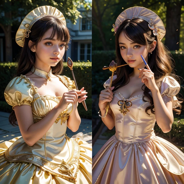 (masterpiece, best quality:1.5), highest quality, High resolution, super detailed, Realists, Upper body photo of a brunette 14 year old magical girl, detailed and beautiful eyes, beautiful detailed lips, very detailed eyes and face, longeyelashes, shiny satin dress, Holding a wand in your hand and performing a transformation spell, Beetles turn into chocolate, Magic wands present and shiny, Beautiful and colorful makeup, elegant and noble々The jewelry bag, Gardens as background, soft daylight, bright colors, fine brushstrokes, Portrait style, Silk dress fabric, beautiful color palette, glowing skin, First-class rendering, that captures every detail, enchanting atmosphere, subtle shadows and lights, (perfect anatomy:1.2), (The two stunning 14 and 12 year old magic girls turn bugs into chocolate (a transformation with the magic wand:1.4), (magnificent panorama view:1.2)