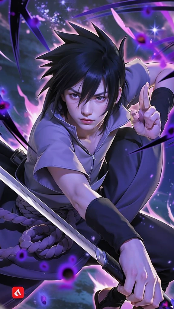 Realistic and detailed Rinnegan on right eye and sharingan on lesft eye,  The illustration features a character resembling Sasuke Uchiha with spiky black hair and intense red eyes. He is dressed in a light grey shirt with a high collar, dark pants, and a distinctive purple rope belt tied around his waist. In his right hand, he holds a sword with a gleaming blade, while his left hand forms a precise hand sign. The background is dark, filled with swirling purple and black energy, creating an ominous and powerful atmosphere. Glowing purple orbs and sparkles float around the character, adding a mystical touch. His expression is serious and focused, capturing his determined demeanor. In the bottom right corner, a red and white logo with Japanese characters adds a finishing touch to the scene, emphasizing its authenticity.