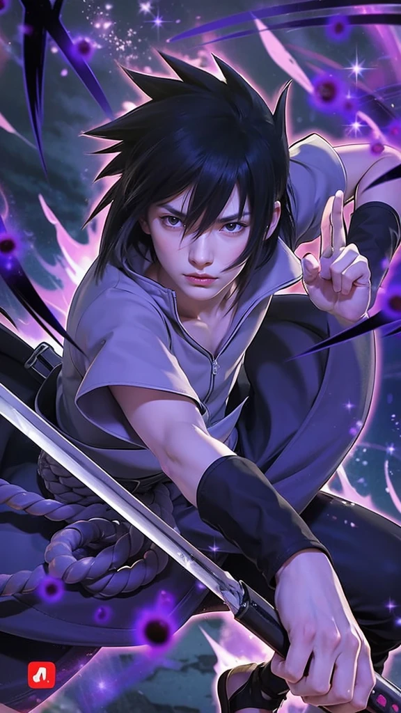 Realistic and detailed Rinnegan on right eye and sharingan on lesft eye, The illustration features a character resembling Sasuke Uchiha with spiky black hair and intense red eyes. He is dressed in a light grey shirt with a high collar, dark pants, and a distinctive purple rope belt tied around his waist. In his right hand, he holds a sword with a gleaming blade, while his left hand forms a precise hand sign. The background is dark, filled with swirling purple and black energy, creating an ominous and powerful atmosphere. Glowing purple orbs and sparkles float around the character, adding a mystical touch. His expression is serious and focused, capturing his determined demeanor. In the bottom right corner, a red and white logo with Japanese characters adds a finishing touch to the scene, emphasizing its authenticity.