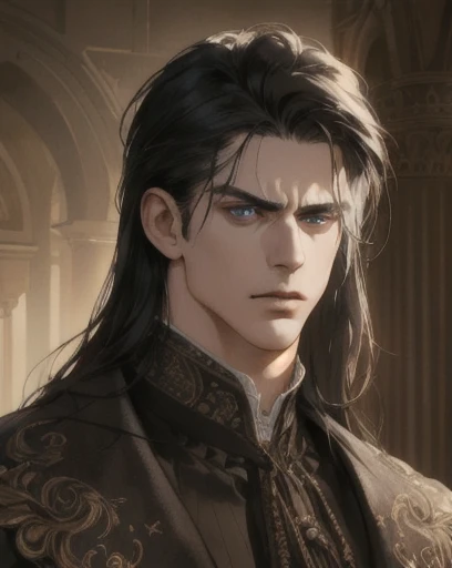 man, late 20's, long black hair, straight hair, piercing blue eyes, side-swept bangs, mature, pissed off, chiseled jaw, very handsome, broad shoulders, god eyes, mercenary attire, detailed realistic portrait, photorealistic, hyperrealistic, 8k, detailed clothing, beautiful detailed eyes, beautiful detailed lips, extremely detailed face, cinematic lighting, dramatic shadows, warm color tones, natural lighting, highly detailed, intricate ornate details, masterpiece, artstation, sharp focus, hyper detailed, victorian era