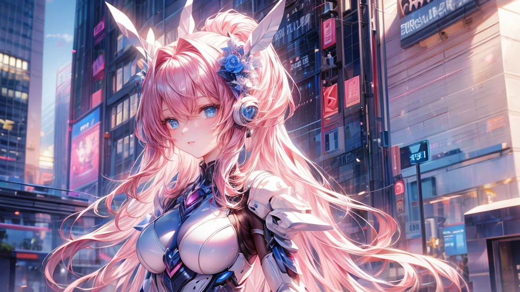 an anime girl, beautiful, pink hair, blue eyes, ojos beautifuls y definidos, modern pink dress, in the background of the city, beautiful, very detailed graphics, modern style art