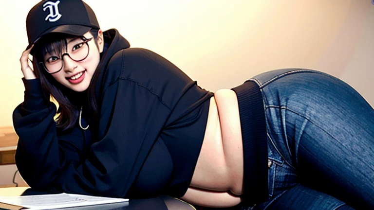 pureerosface_v1, ulzzang-6500-v1.1, ((smile)) curvy bottom heavy bbw japanese woman, she is wearing leggings and a hoodie with glasses and a baseball cap