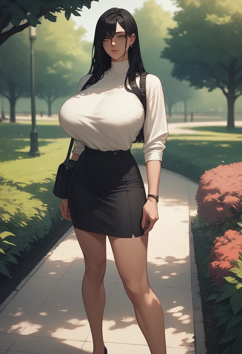 A beautiful woman, giant breast, white tshirt, thick long black hair, skirt, park