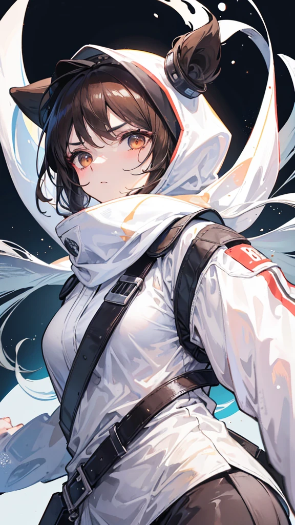 A brown black eyed girl wearing bjj gi, with a white hijab on her head and doing a takedown, having white belt on. Her hijab covers her full hair and neck, her body is fully covered with gi. Medium big nose undone brows. Medium height. Professional.