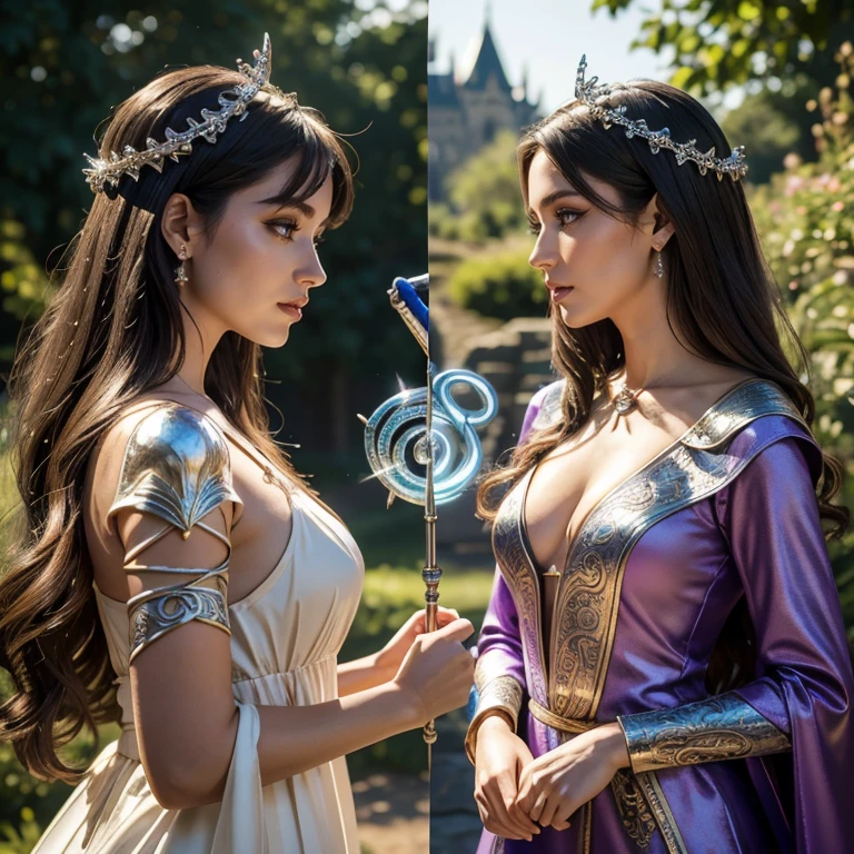 (​masterpiece, best quality:1.5), highest quality, High resolution, super detailed, Realists, Upper body photo of a brunette sorceress, detailed and beautiful eyes, beautiful detailed lips, very detailed eyes and face, longeyelashes, shiny satin dress, Holding a wand in your hand and performing a transformation spell, The snake in the other hand turns into a long silver rod, Magic wands present and shiny, Beautiful and colorful makeup, elegant and noble々The jewelry bag, Gardens as background, soft daylight, bright colors, fine brushstrokes, Portrait style, Silk dress fabric, beautiful color palette, glowing skin, First-class rendering, that captures every detail, enchanting atmosphere, subtle shadows and lights, (perfect anatomy:1.2), (The stunning sorceress transforms a snake into a silver staff  (a transformation with the magic wand:1.4), (magnificent panorama view:1.2)