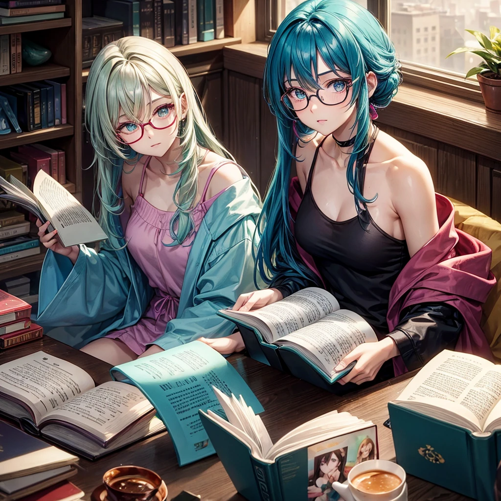 Man with shoulder-length hair, turquoise hair, fuchsia eyes, high, wide shoulders, pale light skin, glasses for myopes, reading a book.