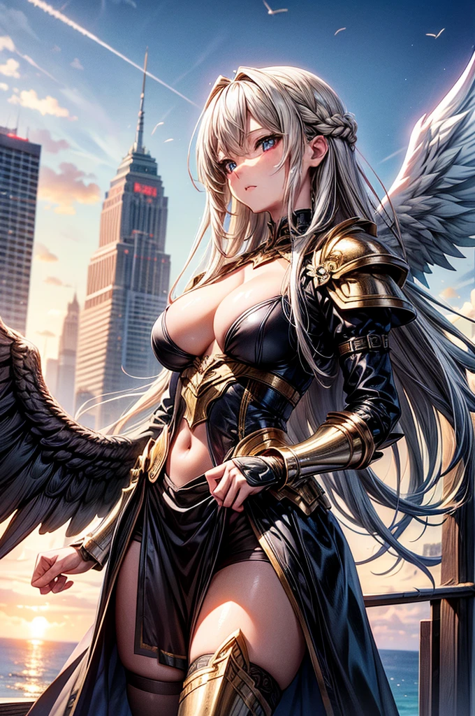 female archangel prepared for battle, an extremally beautiful warrior valkyre, ultra feminine, long hair, blond hair, braided hair, wearing divine heavy armor, cleavage, big breasts, (white armor: 1.2), (angel wings: 1.2) spread, posing for a picture, flying high in the sky, open wings, showing whole body, flying body, zoomed out, sky environment, sunset, 16k, RAW, ultra wide shot, photorealism, depth of field, hyper realistic, 2.5 rendering