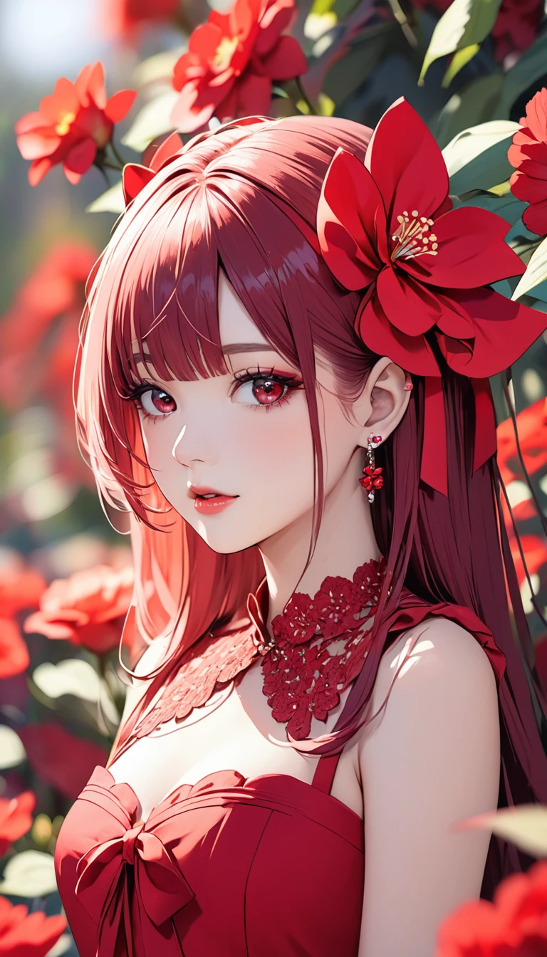someone with an ear ring and a big bow in her hair and wearing red, flower, solo, bow, blurry