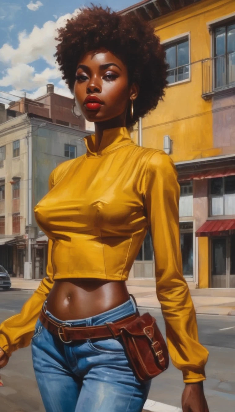 a passionate woman wearing a yellow top and a yellow scarf, a photorealistic painting by Pamela Ascherson, trending on cg society, afrofuturism, dark-skinned, brown skinned, maria borges, dark skinned, black young woman, dark skin, beautiful yellow woman, with brown skin, young black woman, beautiful artwork, blurry background, town landscape, sharp focus 35mm lens, Medium breasts with areolas and natural nippleless, photo of a black woman, passionate girl, casual fashion, sharp focus, Hyperrealistic anime, vibrant colors, hourglass figure, fit belly, cute face with makeup, wide gorgeous realistic eyes with iris, juicy lips with red lipstick, anatomical posture, hand and foot reference anatomy