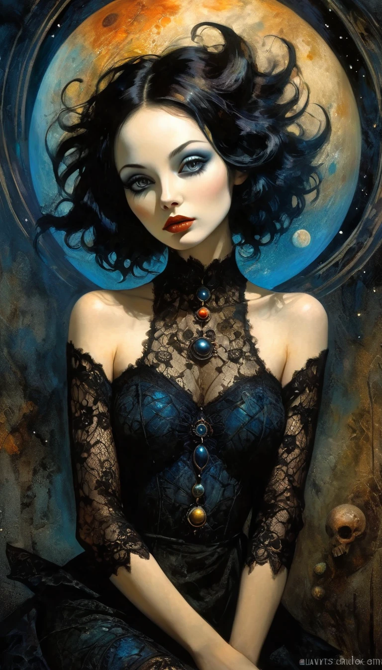 sexy death, magic, surrealism, impressionism, planets, cosmos, fantasy, sexy lace dress, inspired by Dave Mckean,  (best quality,4k,8k,highres,masterpiece:1.2),ultra-detailed,(realistic,photorealistic,photo-realistic:1.37),intricate details,vivid colors,sharp focus,professional,Dave McKean artwork, oil touch of surrealism,oil painting style,portrait,woman,beautiful detailed eyes,beautiful detailed lips,dreamlike atmosphere,shadow play,soft lighting,playful pose,dark hues,ethereal background,fantasy elements,texture,layered composition.

