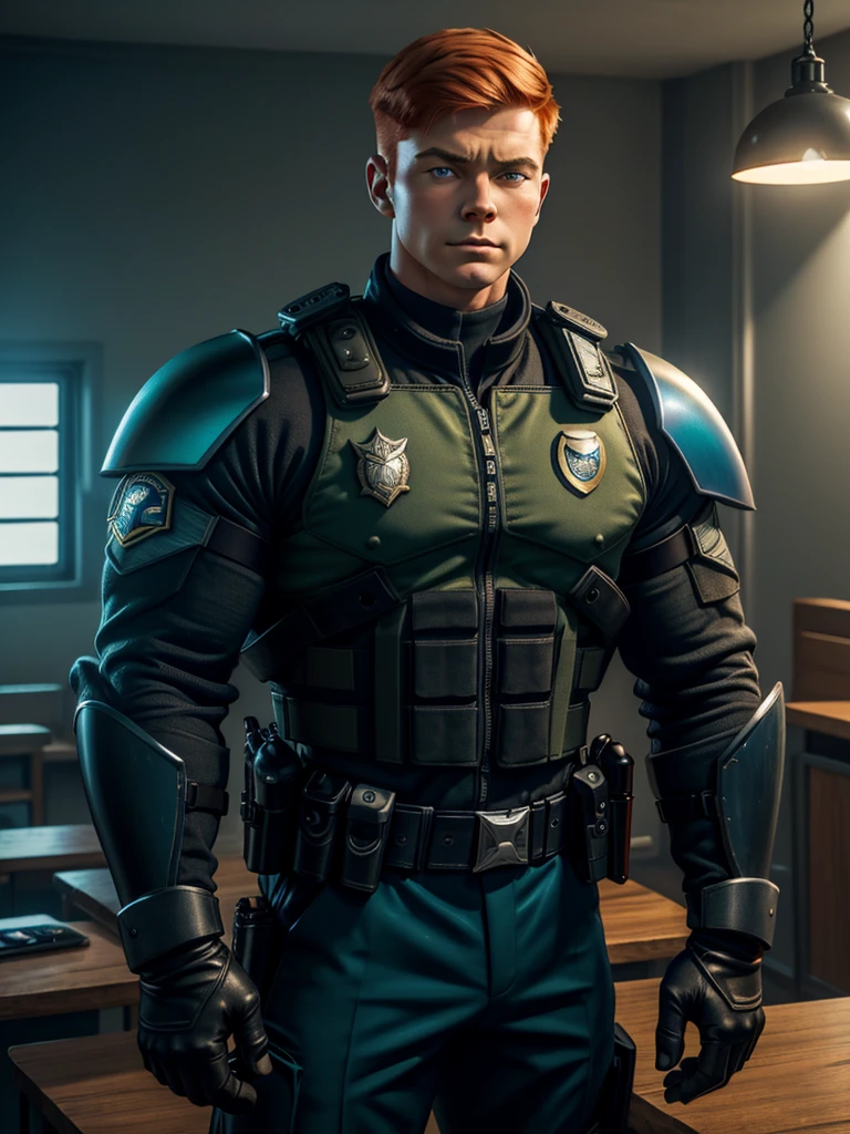(Teens:1man: Tintin), (extremely detailed CG unit 8k wallpaper),(master part), (best quality), (ultra detali), (best illustration),(Police uniform), cowboy shot, (Sharp eyeliner, ombre, detailed eyes:1),Dark Police station interiors background, ,break , upper body, short hair, orange hair,starship troopers armor gloves, armor, shoulder patch, bulletproof vest, military
