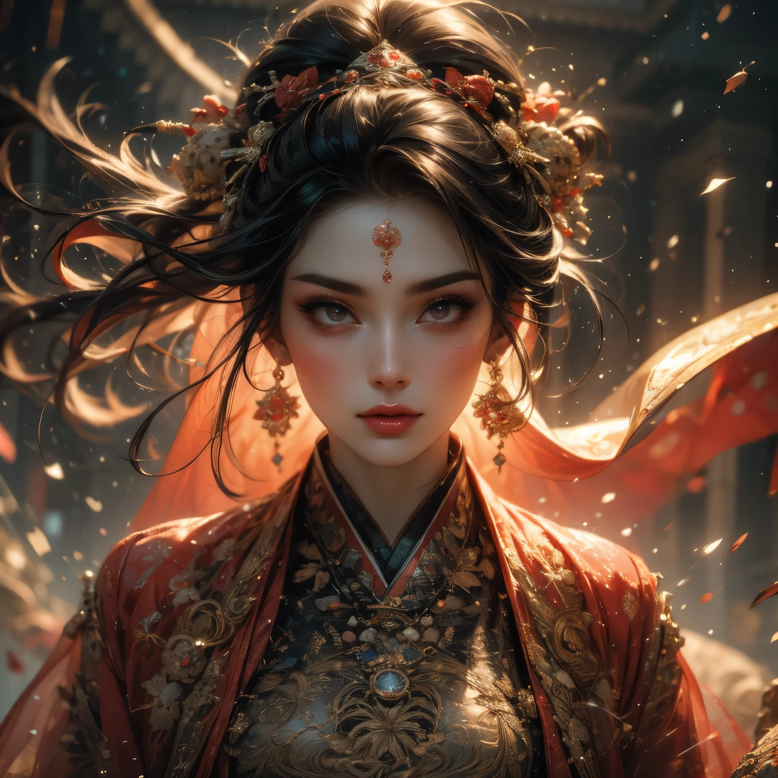 Close-up, ((beautiful woman in gilded pajamas with black and red pattern and ornament meditates)), in the background a magical portal shrouded in a fantastic mist, stunning digital art object, divine atmosphere, diamond glitter, digital art, bright, beautiful, splatter, sparkling, cute and charming, stardust, gold dust particles, filigree, edge lighting, luminous, magical, surreal, sci-fi, multicolored paint splatter, outline, detail, fantasy, unreal engine, perfectly drawn toes, perfect toes, perfect fingers, perfect feet, perfect face, perfect eyes, intricate detail, background, complementary colors, fantasy concept art, high detail, sharp focus, muted colors, perfect lips, bright, cinematic, masterpiece, atmospheric, high resolution, vivid, dynamic studio lighting, pan-and-shift camera, broken glass effect --auto --s2