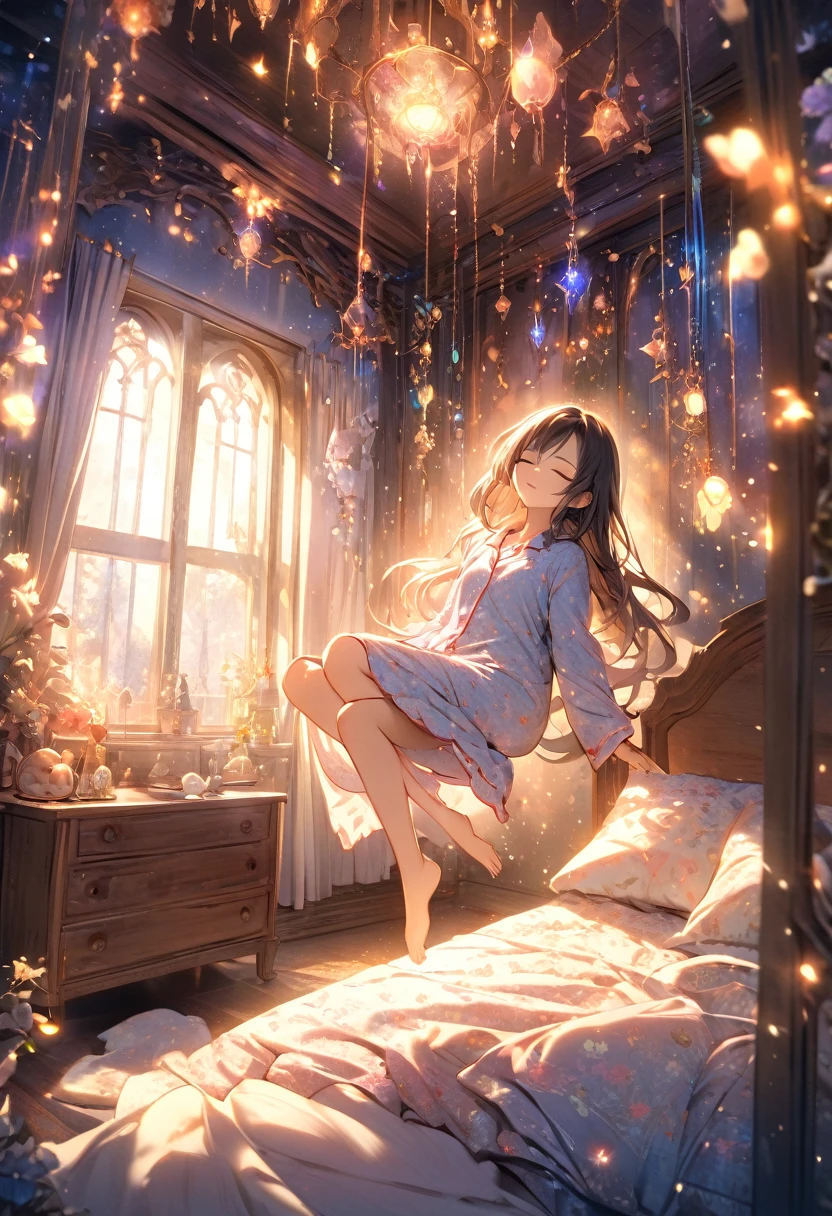 1girl, solo,  A girl hung in the air under a bed, eyes closed, dressed in cozy pajamas. The room around her exudes a mystical atmosphere, filled with intricate details and bathed in HDR lighting. The scene captures an otherworldly, dreamlike quality. 