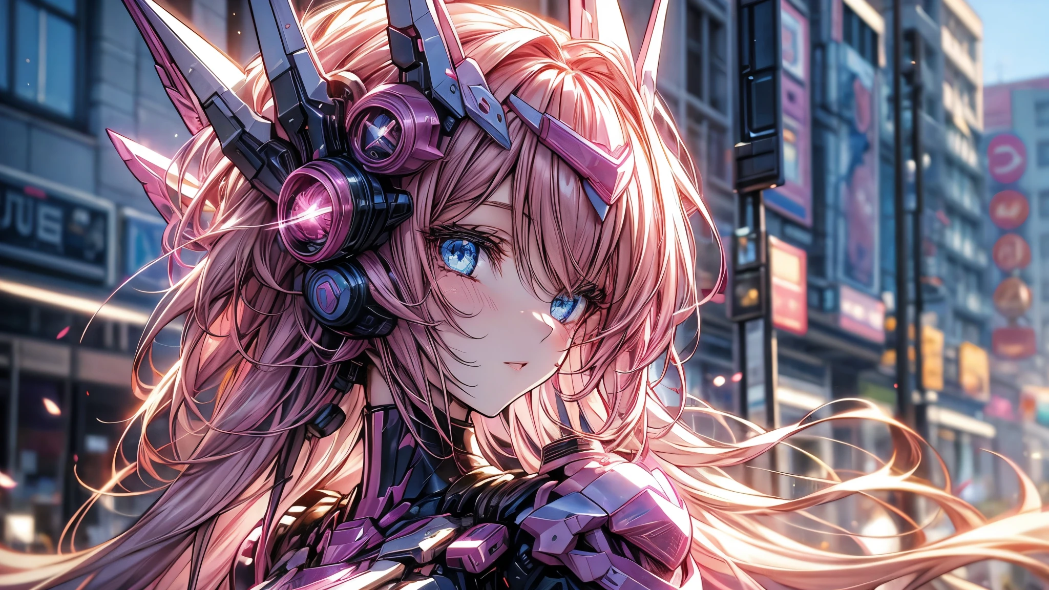 an anime girl, beautiful, pink hair, blue eyes, ojos beautifuls y definidos, modern pink dress, in the background of the city, beautiful, very detailed graphics, modern style art
