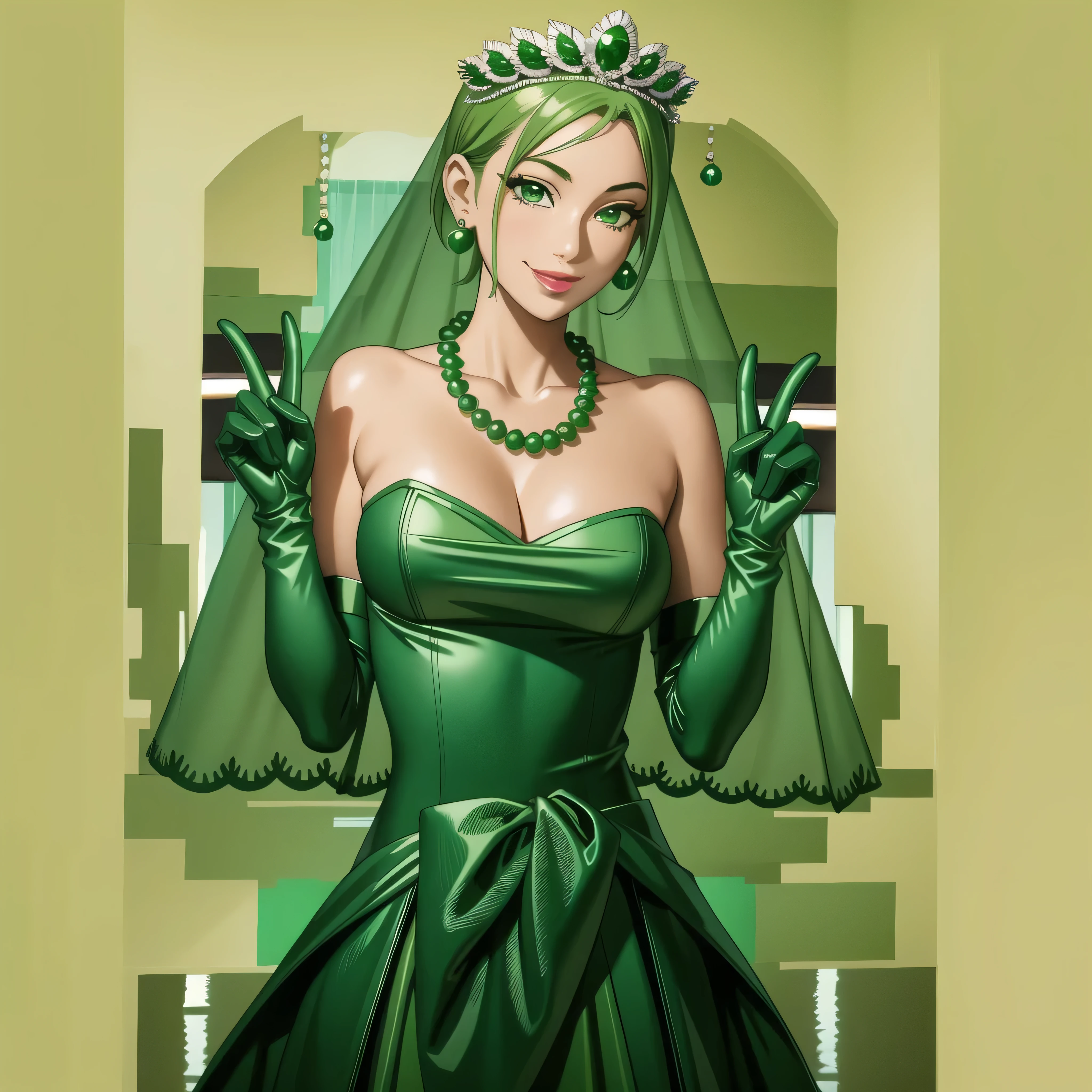 Emerald tiara, Green Pearl Necklace, Boyish very short green hair, Green Lips, Smiling Japanese woman, Very short hair, Busty beautiful lady, Green Eyes, Green satin long gloves, Green Eyes, Emerald Earrings, Green veil, all, Green Hair, Beautiful Japanese Women, green lip gloss