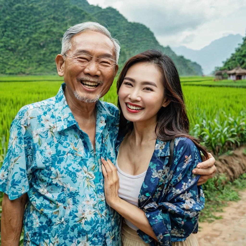 A bald indonesian grandfather, a little white hair on the side, no shirt, yukata pants, sitting in a indonesian-style lounge room.next to him is the grandpa's grandson, a beautiful 25-year-old indonesian girl, wearing a read versece top, smiling.indonesian-style lounge room background.realistic.ultraHD