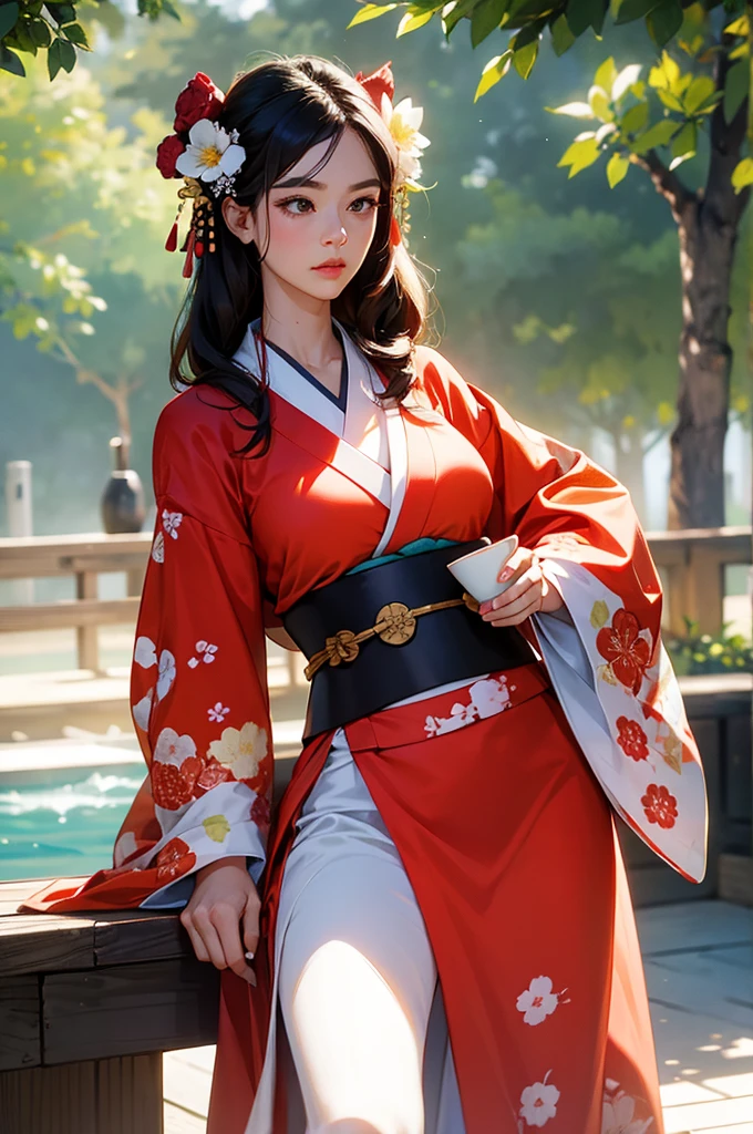A large shot of a beautiful woman in a kimono holding a cup in her hand