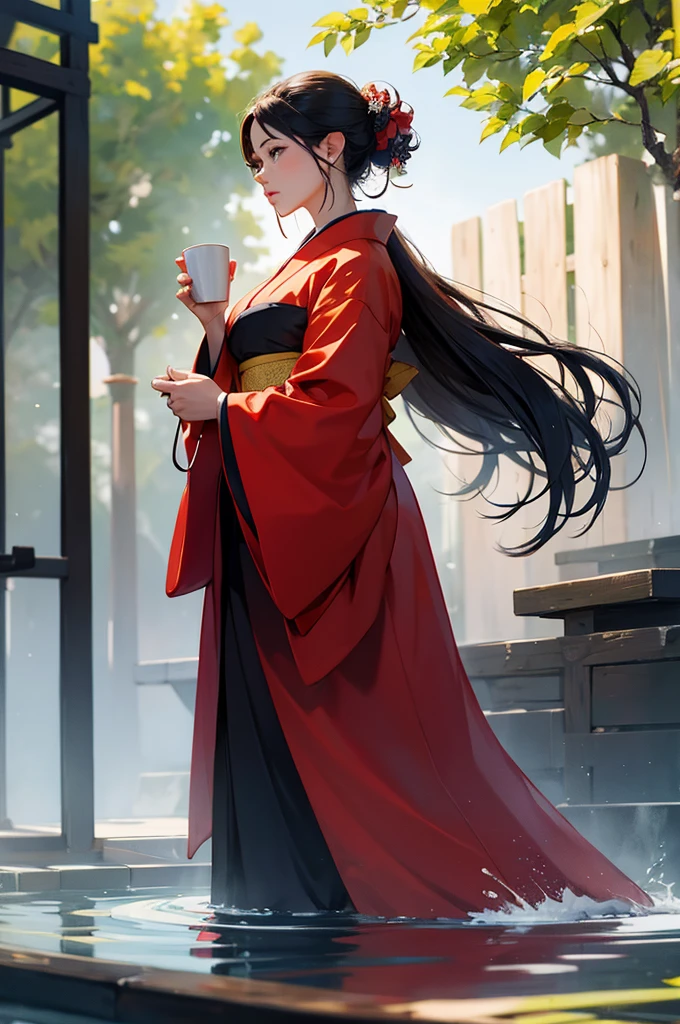 A large shot of a beautiful woman in a kimono holding a cup in her hand