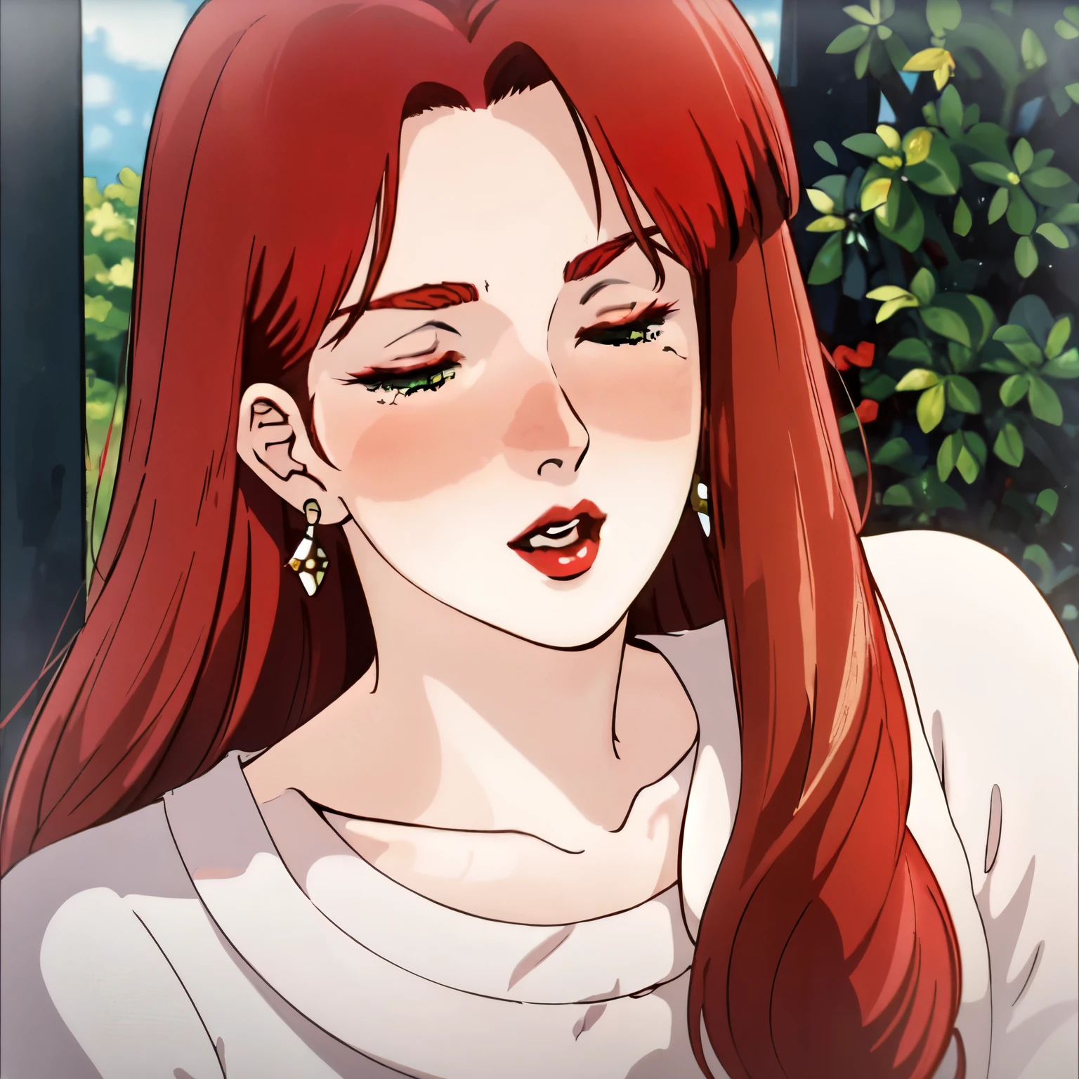 masterpiece,highres,high quality,christinamackenzie,1girl, earrings, close-up, (red eyeshadow: 1.2), partially closed eyes, collarbone, open mouth(1.1), pucker, horny, (red lips:1.1), (face blush:1.1), (pale skin:1.2), (long hair:1.2),parted bangs,red hair,green eyes,