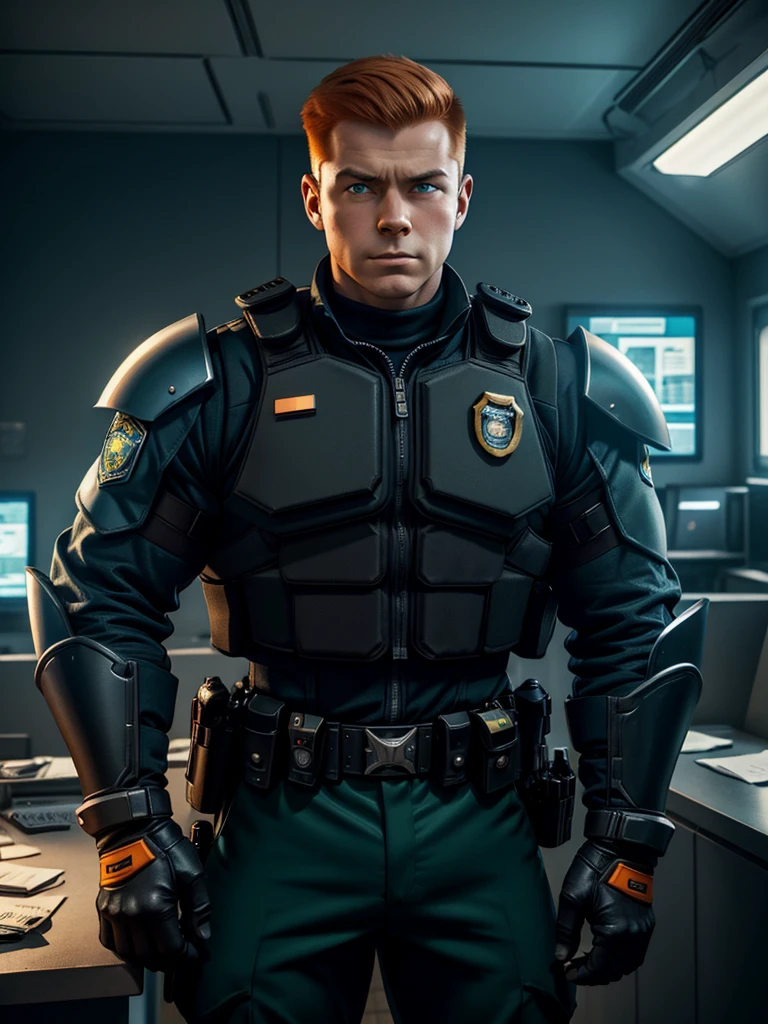 (Teens:1man: Tintin), (extremely detailed CG unit 8k wallpaper),(master part), (best quality), (ultra detali), (best illustration),(Police uniform), cowboy shot, (Sharp eyeliner, ombre, detailed eyes:1),Dark Police station interiors background, ,break , upper body, short hair, orange hair,starship troopers armor gloves, armor, shoulder patch, bulletproof vest, military