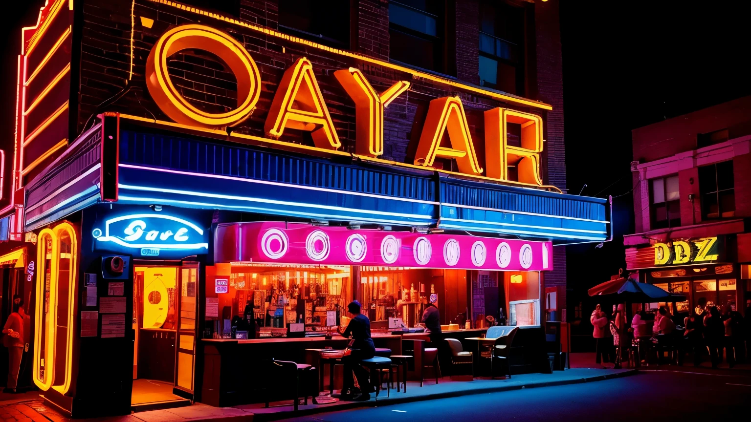 a band playing bass, drumkit, Piano, harmonica, sax and guitar in front of a bar on a busy street in Chicago with a neon sign in lofi cyberpunk style