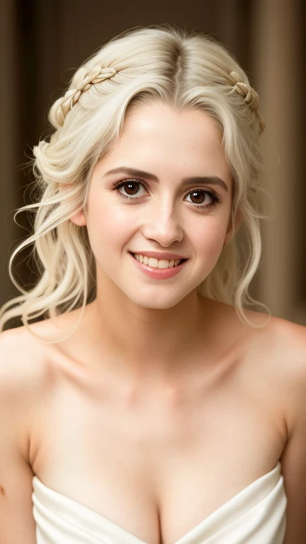 Photo Mid Shot solo portrait of [Laura Marano] as [Daenerys Targaryen] as a real-life version of (Daenerys Targaryen), Targaryen white hair, with (sexy dress), (sexy neckline), charming smile, by Hubert Robert and Alex Timmermans ultra realistic highly detailed intricate photorealistic style photography sharp focus on the eyes, cinematic lighting