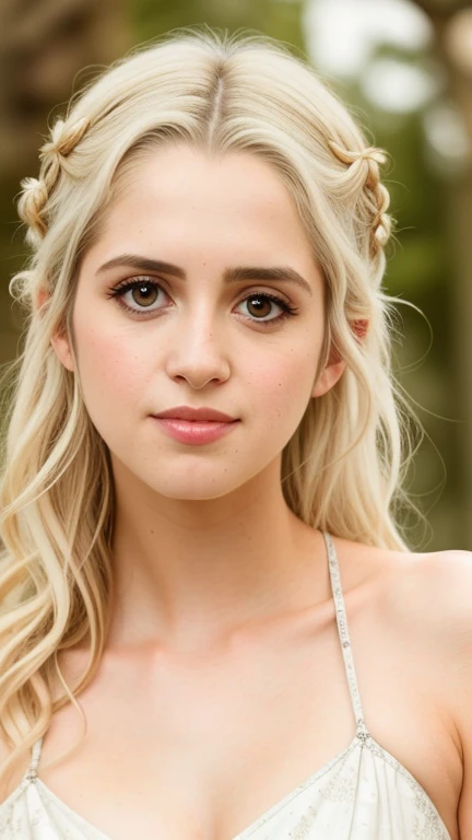 Photo Mid Shot solo portrait of [Laura Marano] as [Daenerys Targaryen] as a real-life version of (Daenerys Targaryen), Targaryen white hair, with (sexy dress), (sexy neckline), charming smile, by Hubert Robert and Alex Timmermans ultra realistic highly detailed intricate photorealistic style photography sharp focus on the eyes, cinematic lighting