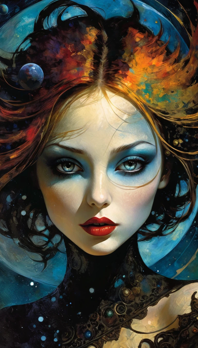 sexy death, magic, surrealism, impressionism, planets, cosmos, fantasy, sexy, inspired by Dave Mckean, (best quality,4k,8k,highres,masterpiece:1.2),ultra-detailed,(realistic,photorealistic,photo-realistic:1.37),intricate details,vivid colors,sharp focus,professional,Dave McKean artwork, oil touch of surrealism,oil painting style,portrait,woman,beautiful detailed eyes,beautiful detailed lips,dreamlike atmosphere,shadow play,soft lighting,playful pose,dark hues,ethereal background,fantasy elements,texture,layered composition.
