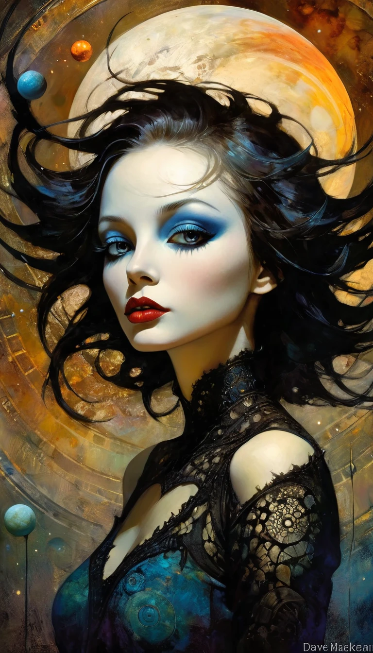 sexy death, magic, surrealism, impressionism, planets, cosmos, fantasy, sexy, inspired by Dave Mckean, (best quality,4k,8k,highres,masterpiece:1.2),ultra-detailed,(realistic,photorealistic,photo-realistic:1.37),intricate details,vivid colors,sharp focus,professional,Dave McKean artwork, oil touch of surrealism,oil painting style,portrait,woman,beautiful detailed eyes,beautiful detailed lips,dreamlike atmosphere,shadow play,soft lighting,playful pose,dark hues,ethereal background,fantasy elements,texture,layered composition.