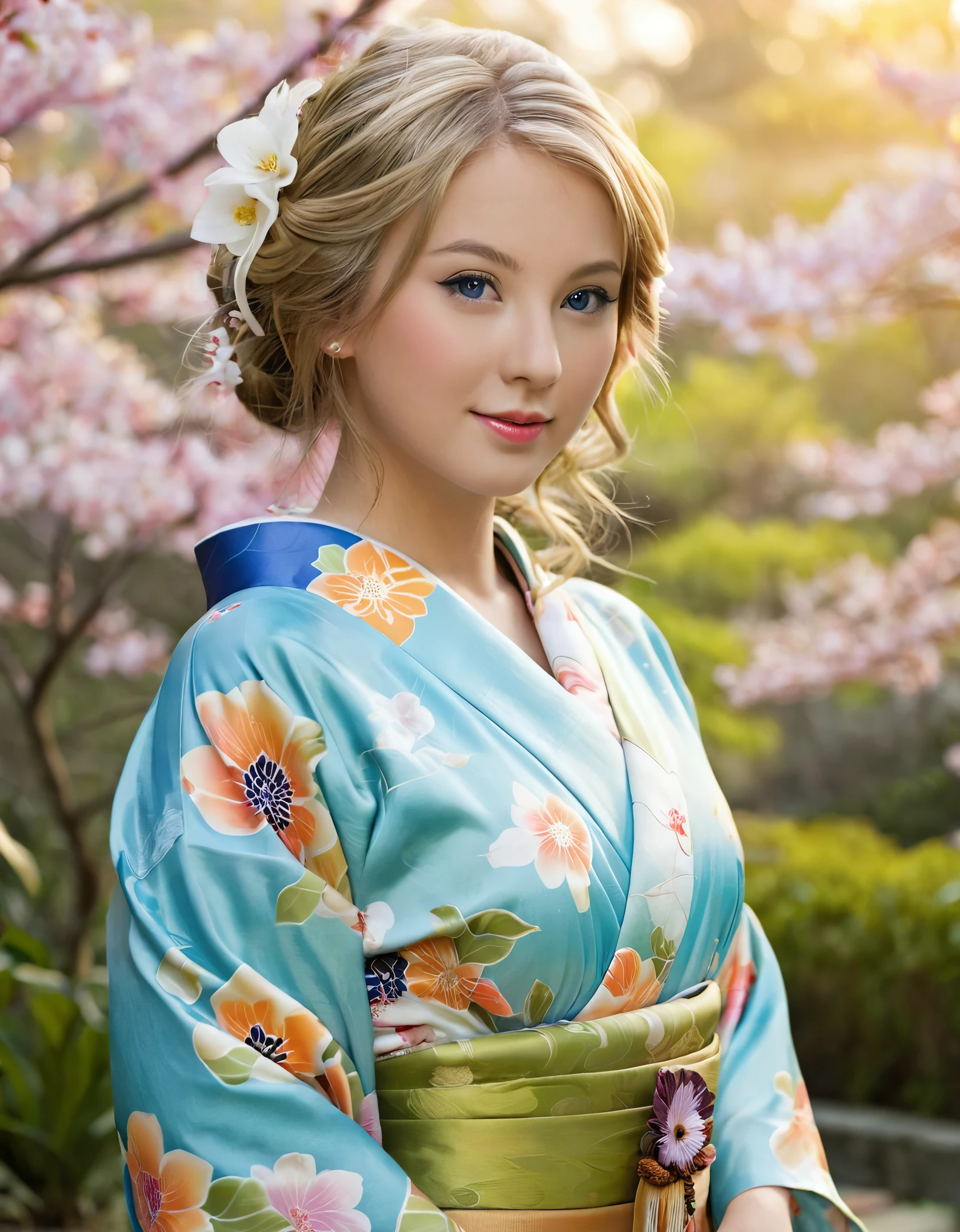 Front view , (standing on garden), looking at viewer,a American girl, , beautiful American Young girl is 30 years old, (Highly detailed face, Blond hair , middle hair, Blue eye, Variegated eyes, Fuller lips, little Lips, little smile), (big breasts, big hip), (Japanese kimono, flower pattern), standing in Japanese Palace, near Garden, sunrise ,(masterpiece, Highest quality, masterpiece, God-like quality, Godly art, Very realistic)