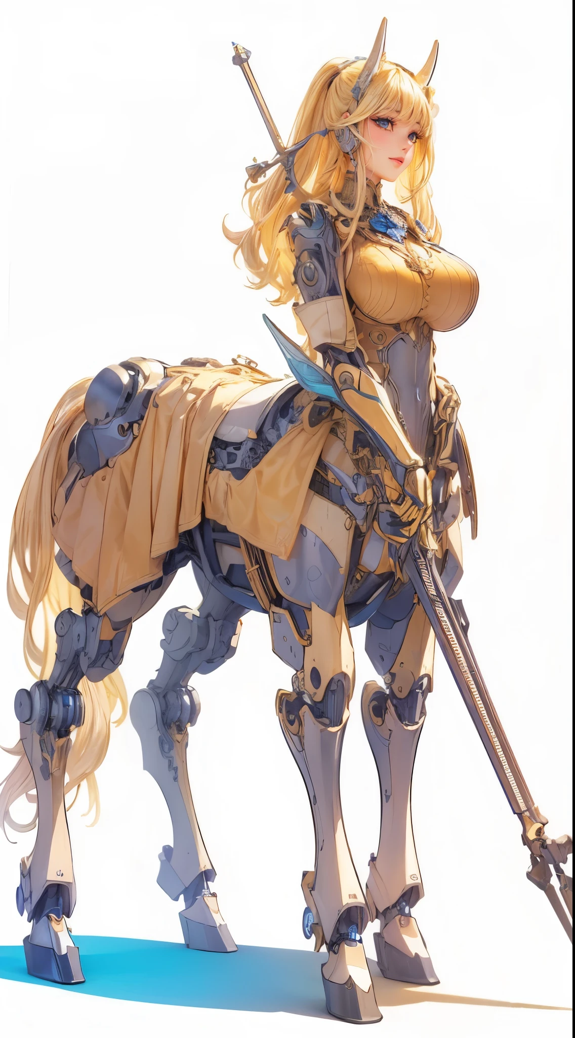 a beautiful blonde centaur with mechanical body, highly detailed, intricate mechanics, steampunk style, fantasy landscape, glowing blue energy, cinematic lighting, rich colors, dramatic composition, masterpiece