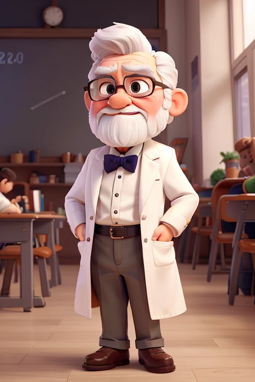 little man , profile position, arms up, shorty, grumpy, chatterbox, 70 years old, He has a white beard, white mustache, White hair, teacher, wearing white coat and bow tie, wear glasses, Hands on waist, very angry