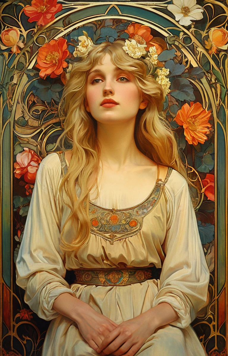 European woman portrait, Waist, Long flowing hair, Blonde, Oil painting feeling, Model imposing flower frame, decorative panel, abstraction, directed by: Alphonse Mucha (Main part, extremely high quality, High resolution: 1.4), detailed, intricate details, 4K, splash of color, Line art, Fibonacci, Wear underwear,